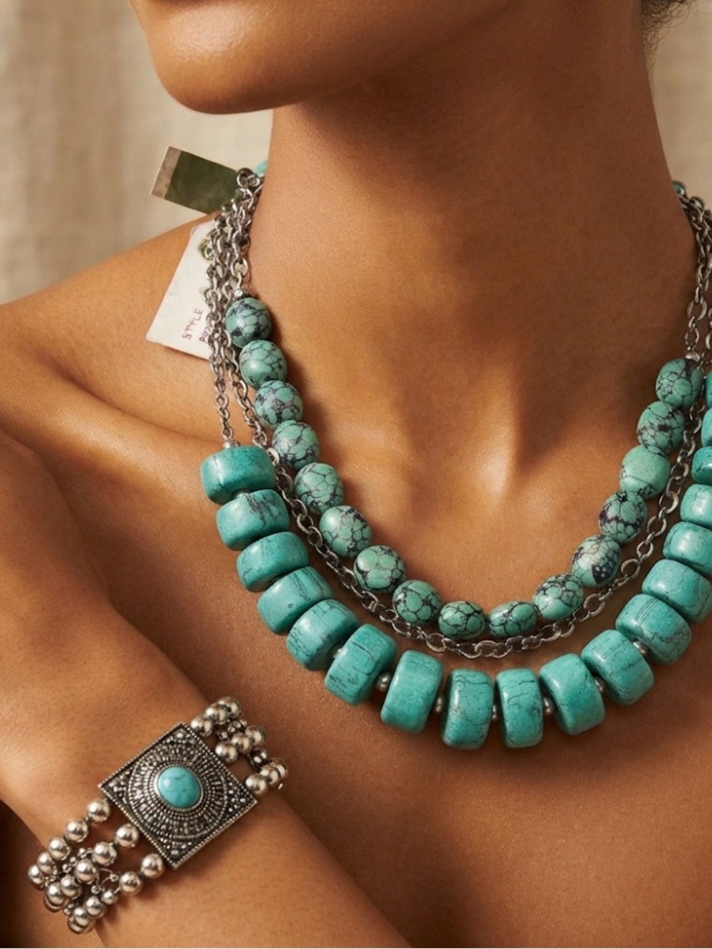 Turquoise (Faux) Beaded Statement Necklace & Bracelet
